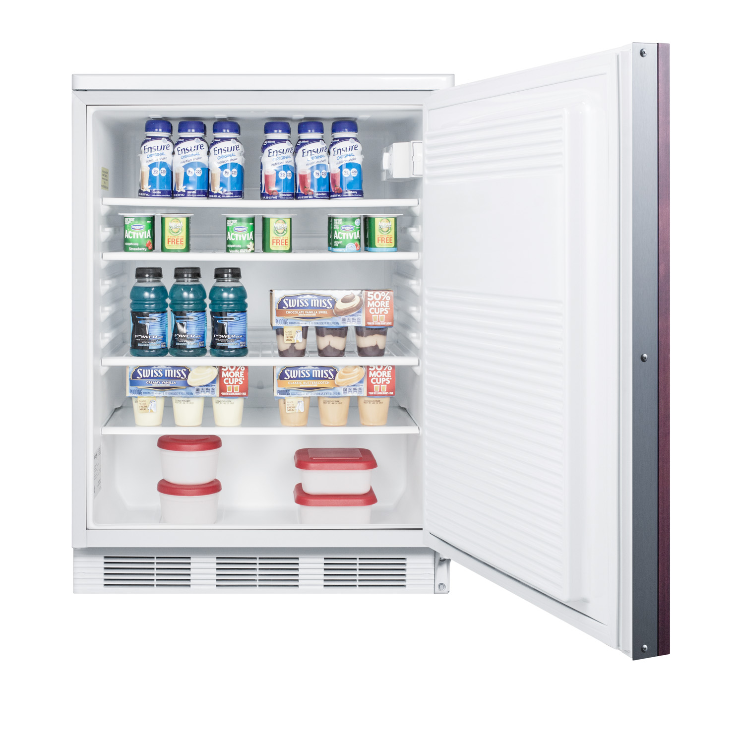 Commercially listed built-in undercounter all-refrigerator for general purpose use, auto defrost w/lock, integrated frame for overlay panels, white cabinet
